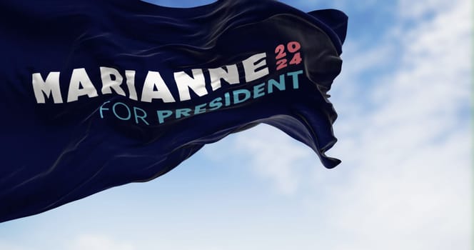 Houston, US, march 2023: Flags of Marianne Williamson election campaign and the national flag of the United States waving. 2024 US presidential elections. Illustrative editorial 3d illustration render