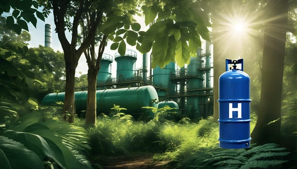 A blue gas bottle with hydrogen stands in the green rainforest - symbol illustration for new forms of energy
