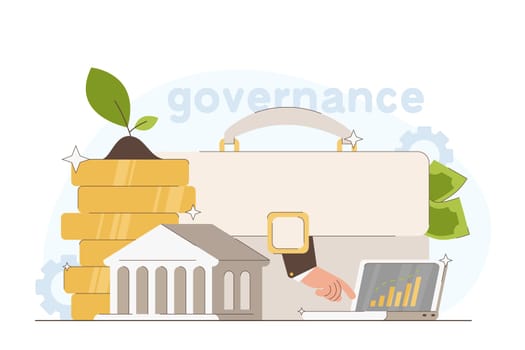 ESG flat vector illustration. Environmental, social and governance investment in sustainable economic projects. Business investors, responsibility investing of finance in company.
