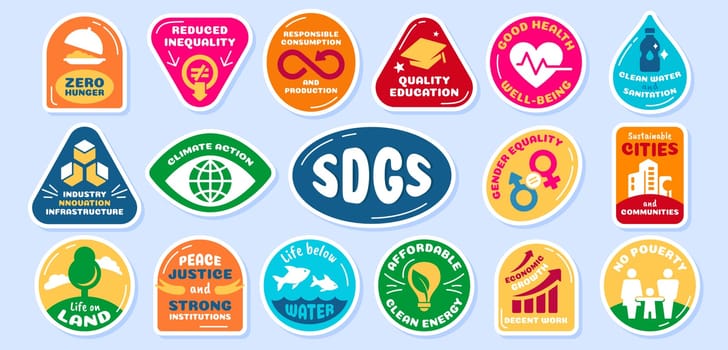 Set of SDGs stickers different shapes. Sustainable development goals collection badges vector illustration on blue background. Labels of global targets for improve health, education, economic growth.