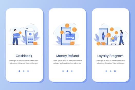 Onboarding screen ui with cashback, money refund and loyalty program digital concepts. Vector banner template for website, mobile development or phone app. Flat customer receive reward and save cash.