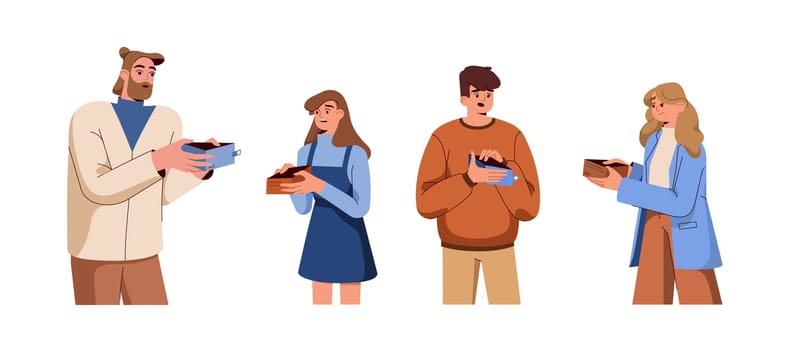 Flat unhappy people hold empty wallet. Broke characters showing open purse with no pocket money. Unemployed person with financial problem, cash trouble, debt. Jobless, poverty and bankruptcy concept.
