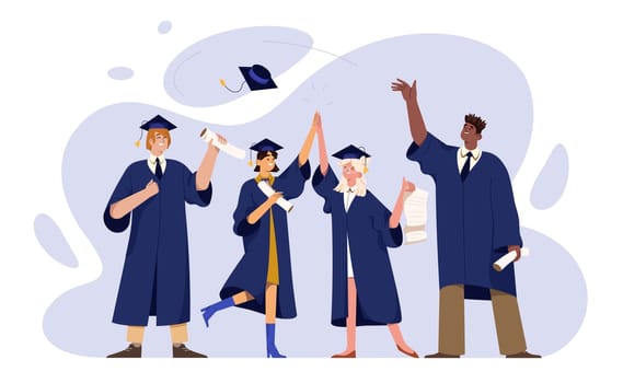 Flat graduate students in mantle and cap holding university diploma, paper scroll. Happy young people in academic gown with bachelor degree celebrating graduation from college, university, high school
