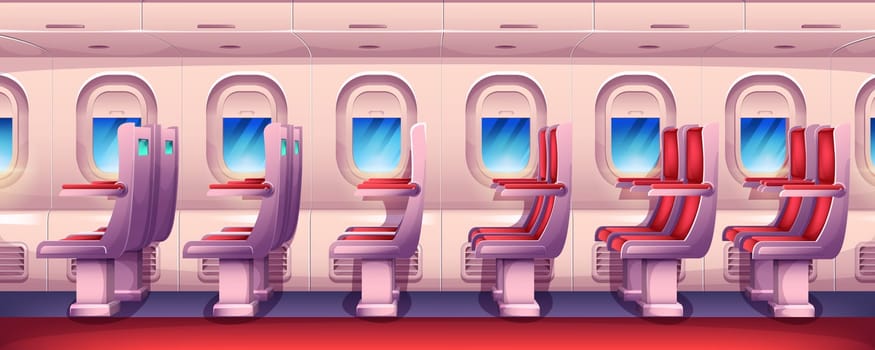 Cartoon empty airplane interior with aircraft windows and red passenger seats in row. Economy class plane cabin inside view with chairs and portholes. Aircraft salon armchairs for jet trip.