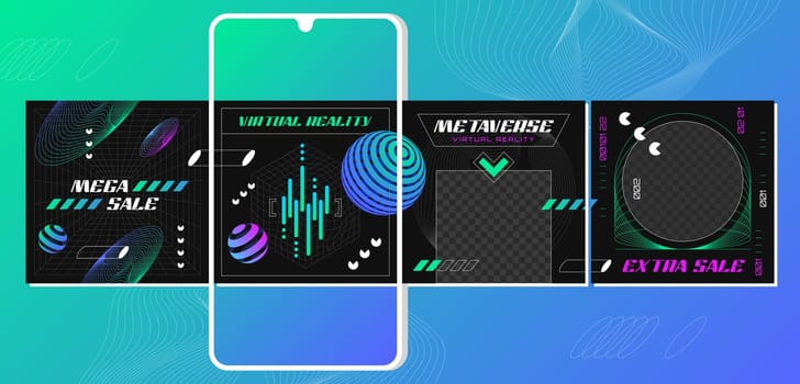 Retro futuristic instagram post carousel design template with abstract 3d geometric wireframe shapes, grids. Social media banners. Mobile application screens with graphic elements for sale advertising
