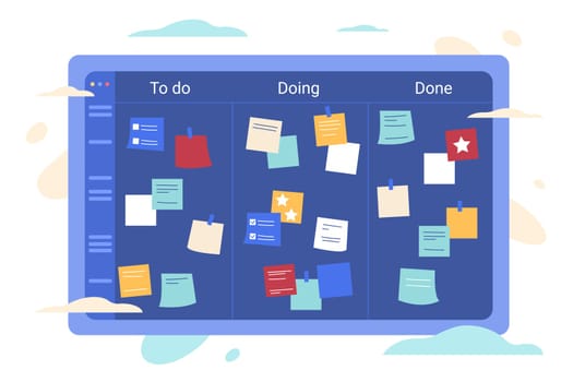Color stick paper note on kanban task board. Flat blue scrum framework. Work or education project schedule with self sticky notes. Sprint planning with tracking tasks. Agile project management concept