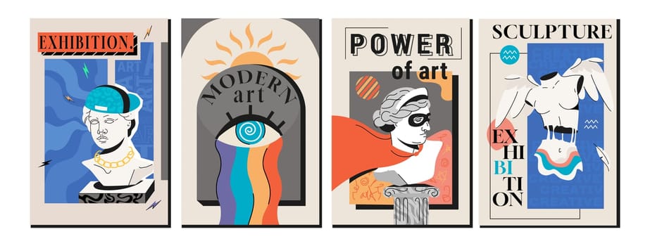 Art exhibition posters with greek statues, antique sculpture, column. Cover design with surreal elements, greece heads and plaster bust. Invitation banner set with modern objects for gallery, museum.