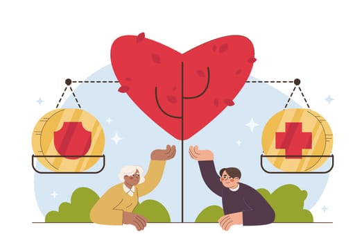 Health medical insurance. Flat people touching to huge heart shape. Couples volunteer donating blood in medical hospital. Charity, donation, social care or life safety concept. Body checkup.