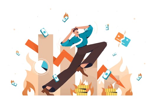 Flat businessman in panic with money problems, bankruptcy and unpaid loan debt. Man losing profits, falling arrow down. Concept of global financial crisis, business failure, economy crash or collapse.