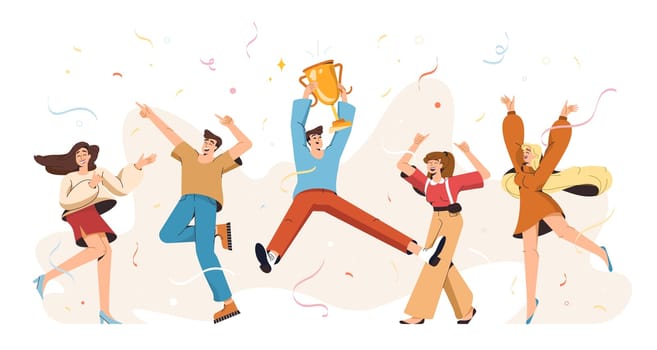 Flat happy young winners with golden cup award. Group of joyful people with gold championship trophy celebrate victory win. Competition champions hold goblet, triumph reward. Employee team with prize.
