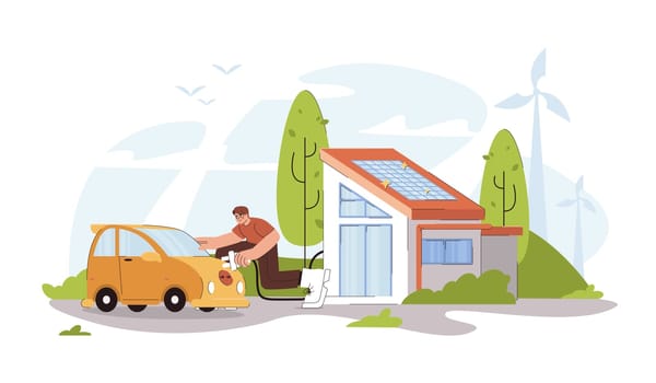 Flat man charging electric car in yard from ev charger station in modern smart home with photovoltaic solar panels on the roof. Eco house, friendly alternative renewable green energy concept.