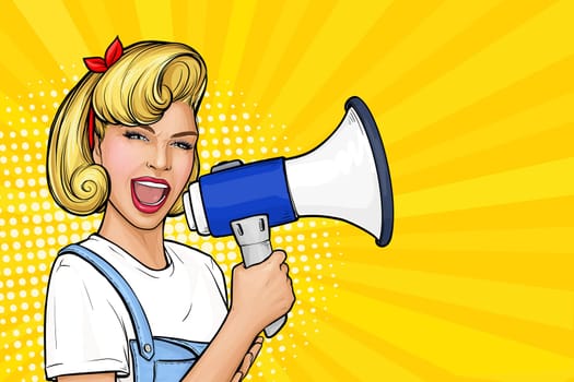 Pop art girl holding megaphone. Shouting blonde woman with loudspeaker. Female character announcing sales, promotion or discount. Concept of protest, special offer or shopping time.