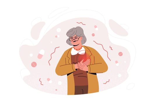 Flat old woman feel sharp chest pain, heart attack failure symptoms. Adult person clutching breast with painful facial expression. Sudden pressure, cardiac discomfort. Cardiovascular disease concept.