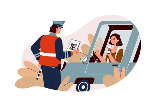 Flat traffic police inspector check digital driver licence of young woman, scan QR code with phone. Traffic officer scanning electronic driving document with smartphone app. Policeman control of car.