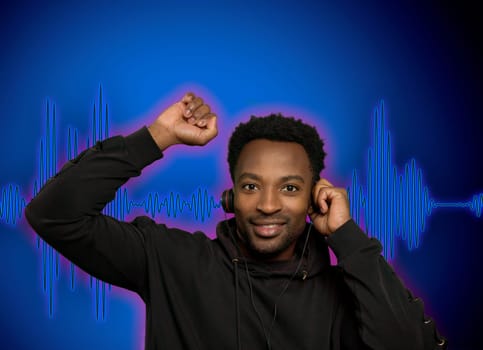 african man listening to music with headphones blue audio waveform headset fun