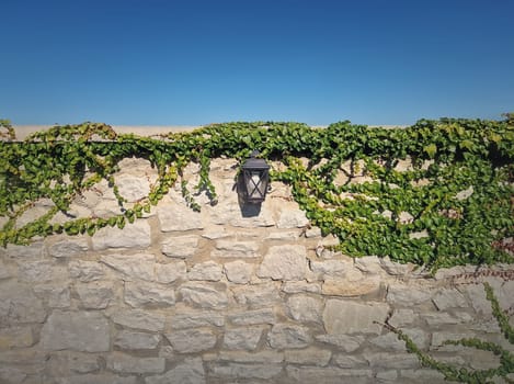 Vintage street lamp hang on an old stone masonry hedge overgrown with wild vines