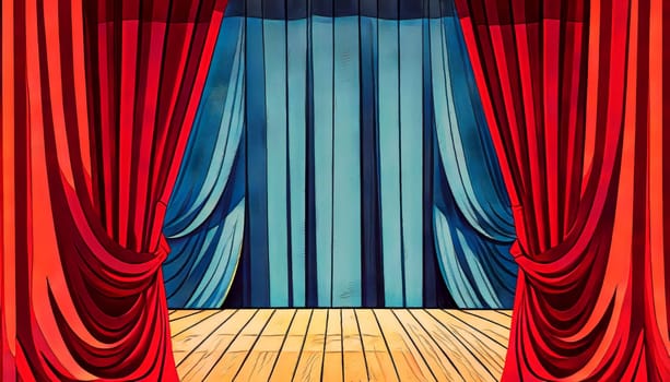 empty stage with red velvet curtains concert music show performance backdrop painting illustration