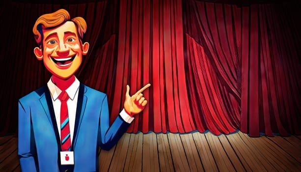 man pointing and showing empty stage with red velvet curtains concert music show performance backdrop copy space painting illustration