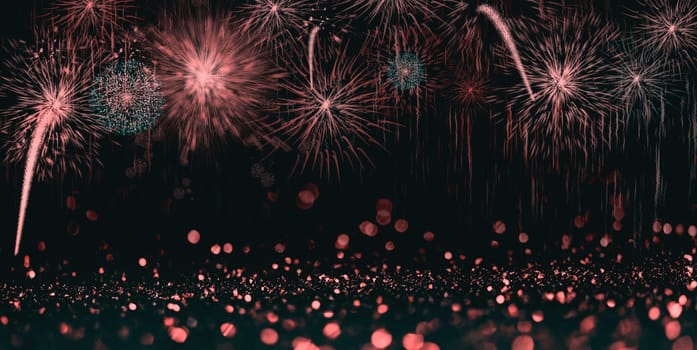 Abstract celebration background with colorful fireworks and bokeh lights. Holiday layout design for event party.