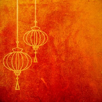 Red and gold abstract textured background with chinese lanterns. Lunar new year artistic wallpaper. Spring fesitval design element.