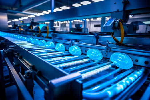 Automated food manufacturing line .Production line with conveyor rollers for objects transportation. Food factory line conveyor machine.AI generated