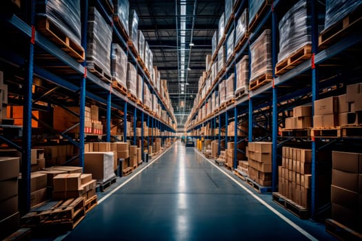 Products at the warehouse hall.A large warehouse with rows of shelves with boxes, logistics concept.Logistics center interior full of racks with large number packs.AI generated