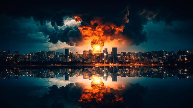 Massive bomb explosion on the night city. Nuclear war apocalypse concept. City destroyed by atomic war. AI generated