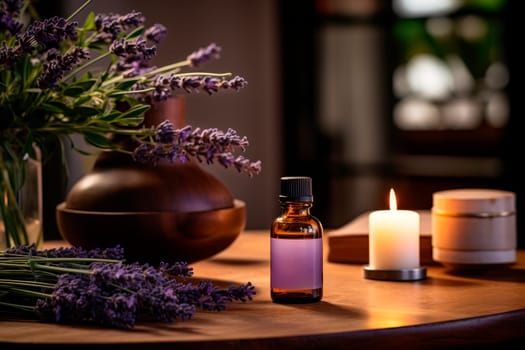 A bottle of essential oil with fresh blooming lavender twigs. Oil from a Lavender flowers. AI generated