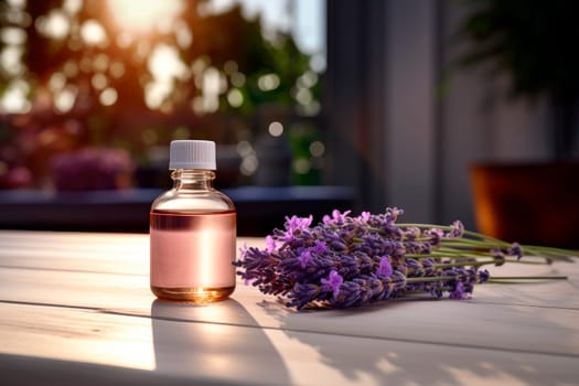 A bottle of essential oil with fresh blooming lavender twigs. Oil from a Lavender flowers. AI generated
