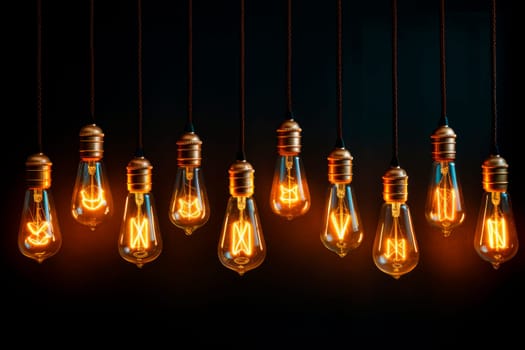 Closeup group of vintage incandescent light bulbs illuminated in a dark environment. Decorative vintage design lightbulbs.Light Bulbs for Pendant Light. AI generated