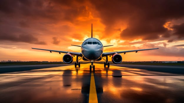 Plane on the runway with a sunset background, low angle front view. Airplane is ready to take off at the sunset.AI generated