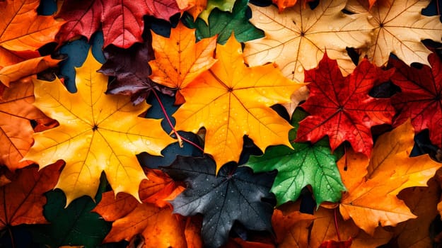 Colorful maple leaves nature background. Flat lay style. AI generated