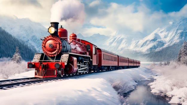 Old red steam locomotive in the winter. A vintage steam locomotive chugging through spectacular snowy landscape.AI generated