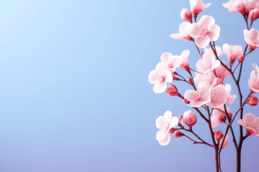 Pink stylish cherry flowers on a purple background. Copy space. AI generated