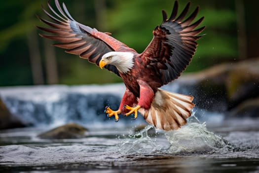 An eagle in flight catching fish from a river. AI generated