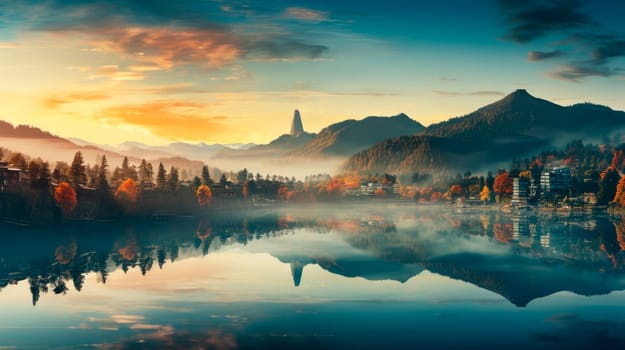 Outdoor panoramic landscape with autumn forest and hauses on the lake shore. AI generated