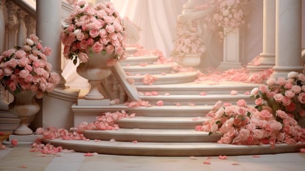 Beautiful porcelain steps leading into an elegant staircase, delicate rose flowers. Stairs adorned with roses. AI generated