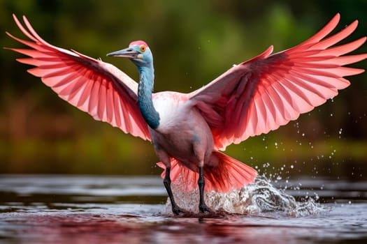 A pink bird taking off for flight as water splashes around it. AI generated