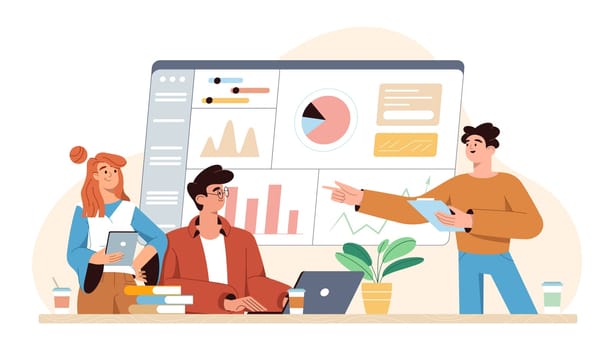 Flat business meeting or teamwork training. Employees team analyst market strategy for problem solving and company growth. Brainstorming or consulting concept. Staff people improve professional skill.