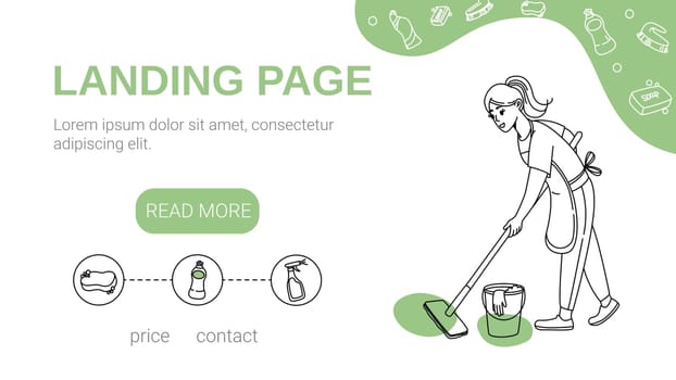 Cleaning service vector landing page with hand drawn illustration of professional eco friendly products and household worker with mop, bucket. Woman in uniform clean house with liquid detergents.