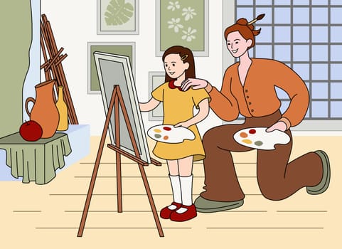 Girl artist drawing on canvas with watercolors and brush in art education class. Child studying painting with teacher support. Student with easel draw, practice artistic skill flat vector illustration