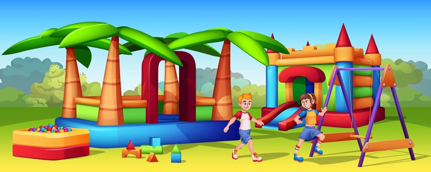 Cartoon gaming inflatable slides in amusement park. Bouncy castle, air trampoline for kids on play area in park. Girl and boy playing in childish playground. Swings and dry pool with balls for kid.