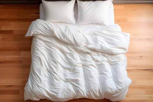 The wood bed with white bedding. Empty double bed covered with all white duvets and pillows.Top view. AI generated