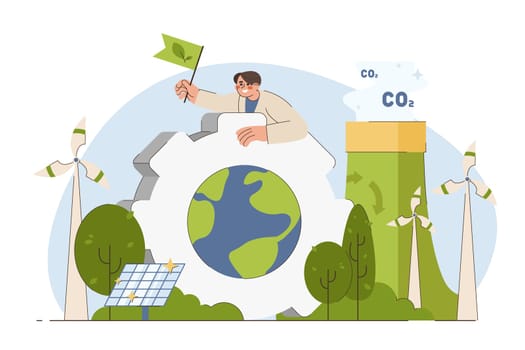 ESG flat concept. Environmental, social and governance in sustainability company. Man with earth and alternative green energy sources for preserving resources of planet. Wind turbines and solar panels