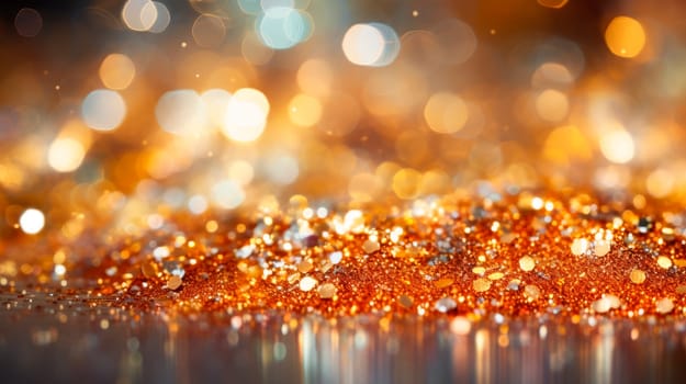 Golden glitter, beautiful bokeh, background texture. Blurred golden background glitter lights.Gold abstract bokeh background. AI generated