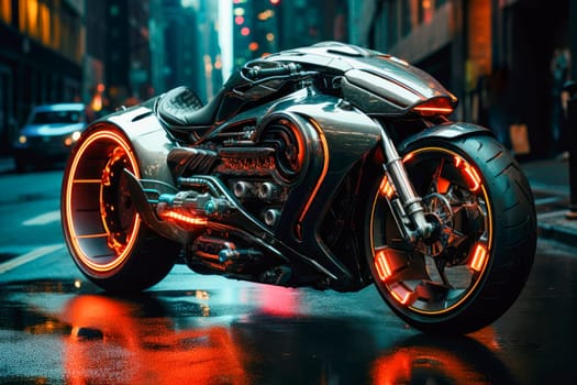 An electrified futuristic motorcycle parked on a city center, surrounded by neon signs and lights. Futuristic unreal electric motorbike. AI generated