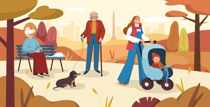 Flat people in autumn park. Citizens strolling in city recreation area. Elderly man walk with dog on a leash, pensioner woman sitting on a bench. Young mother pushing stroller with child. Fall season.