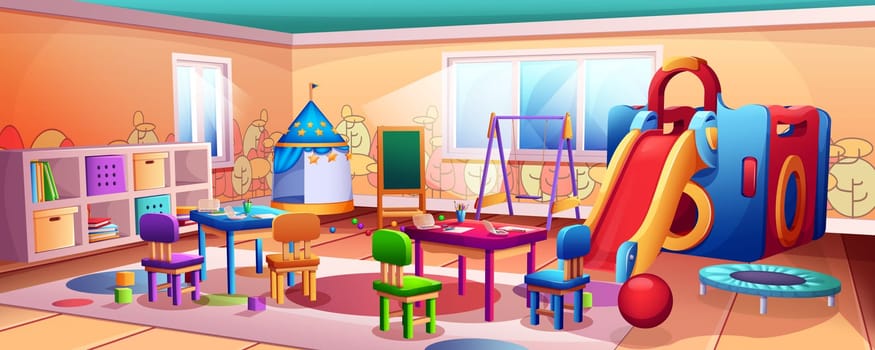 Cartoon kindergarten or preschool classroom interior. Empty kids room with slider, swing, trampoline and play area. Child playroom with toys, tables and chairs, painting board and pencils for drawing.
