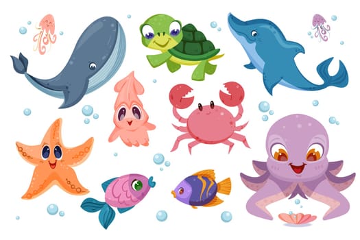Cute sea animals and different fish. Underwater ocean life with funny characters of octopus, turtle, starfish, squid and crab. Happy whale and dolphin. Aquatic creatures set flat vector illustration.