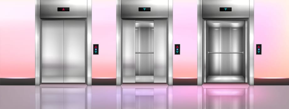 Modern passenger elevator with button panel on wall and glossy floor. Office hallway, empty lobby interior with lift with open, half closed and close metallic cabin doors realistic vector illustration
